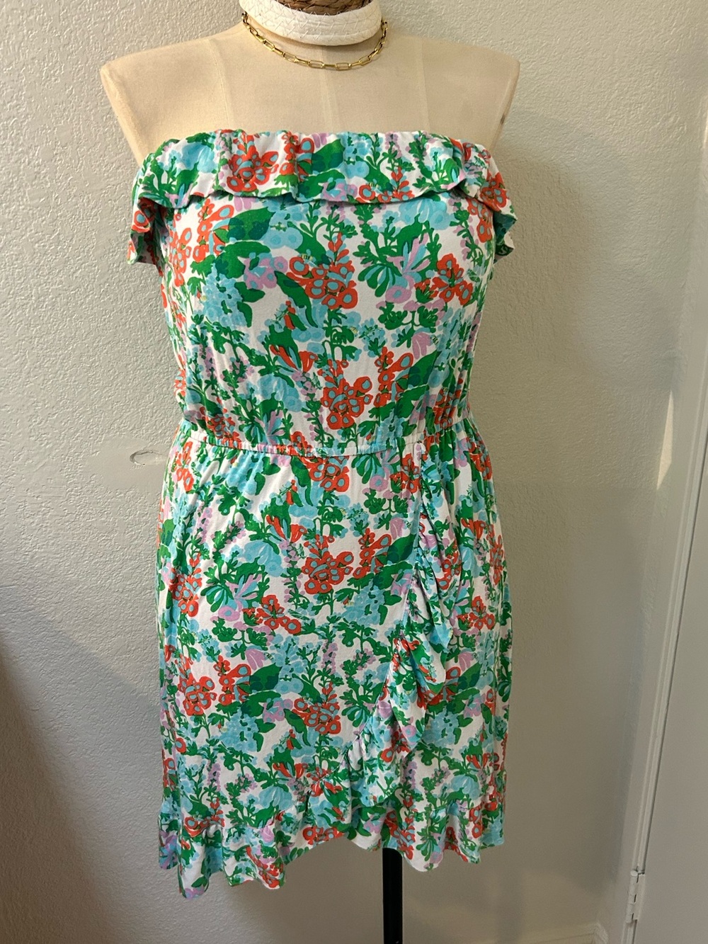 Lilly Pulitzer Strapless Floral Dress in Green, Coral & White